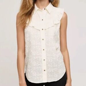 Anthropologie Cream Ruffle Floral Sleeveless Button Down